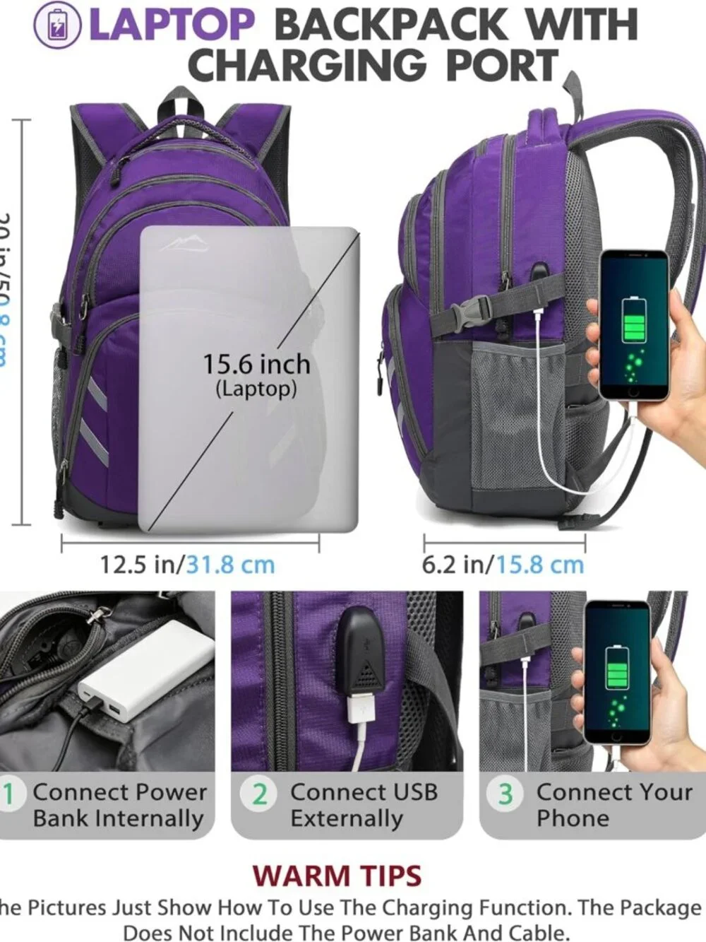 Stylish College Laptop Backpack with USB Charging, Anti-Theft, Fits 15.6